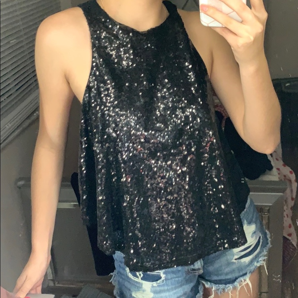 Black sequin open back shirt